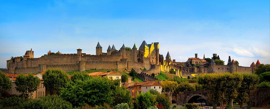 carcassonne, medieval, citadel, -, france, largest, fortified, city, europe, ancient