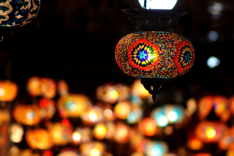 dekorasi, bersinar, ringan, tradisional, lampu, ramadhan, peralatan penerangan, malam, diterangi, berwarna multi