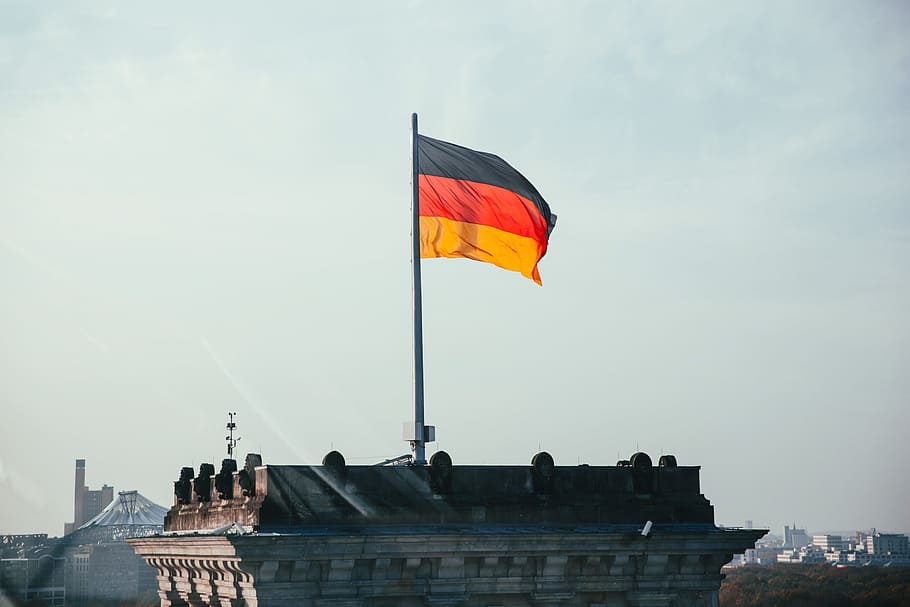 bandeira alemã, tremulando, cobertura, luz do sol, arquitetura, azul, europa, bandeira, voador, alemanha