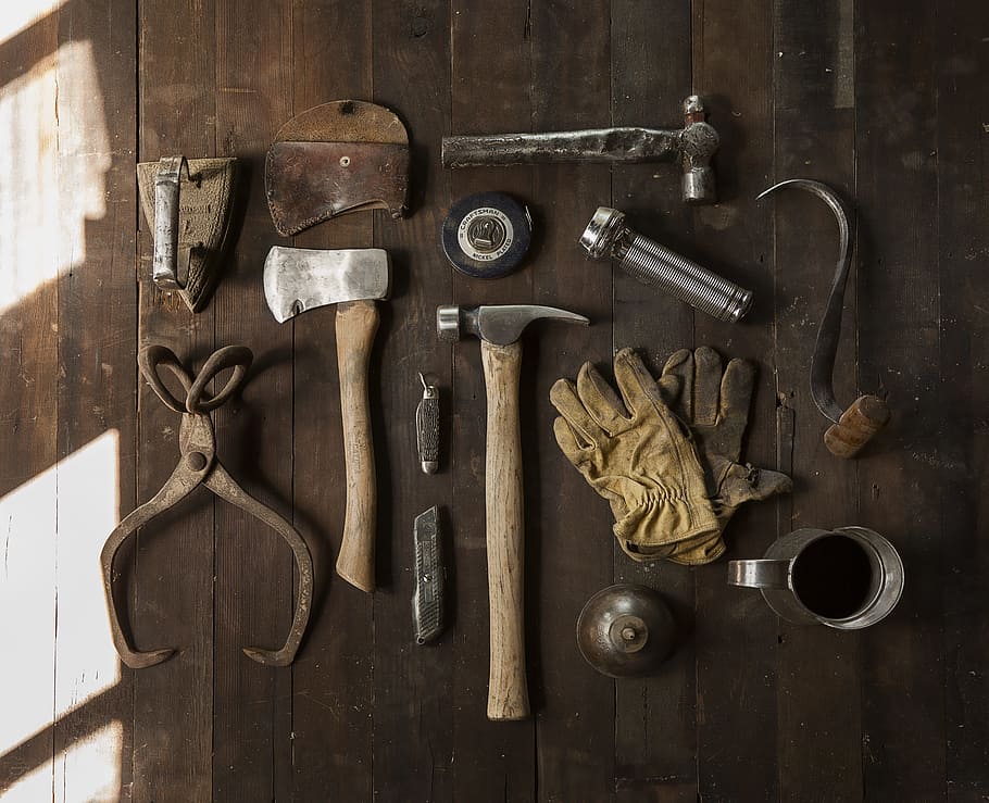 herramientas, trabajo, trabajador, construcción, colección, metal, pesado, martillo, hacha, madera - material