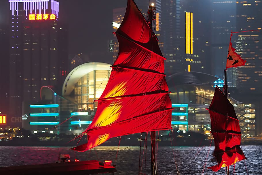 hong kong boats, city and Urban, boat, boats, china, hD Wallpaper, night, building exterior, architecture, illuminated