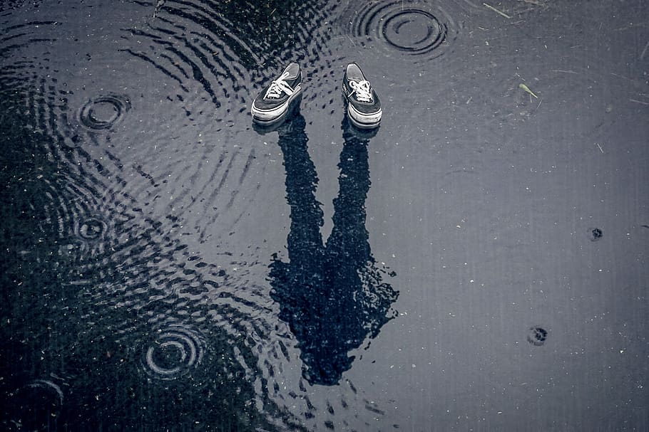 manipulation, puddle, water, shoe, shadow, rain, raindrops, waves, body part, low section