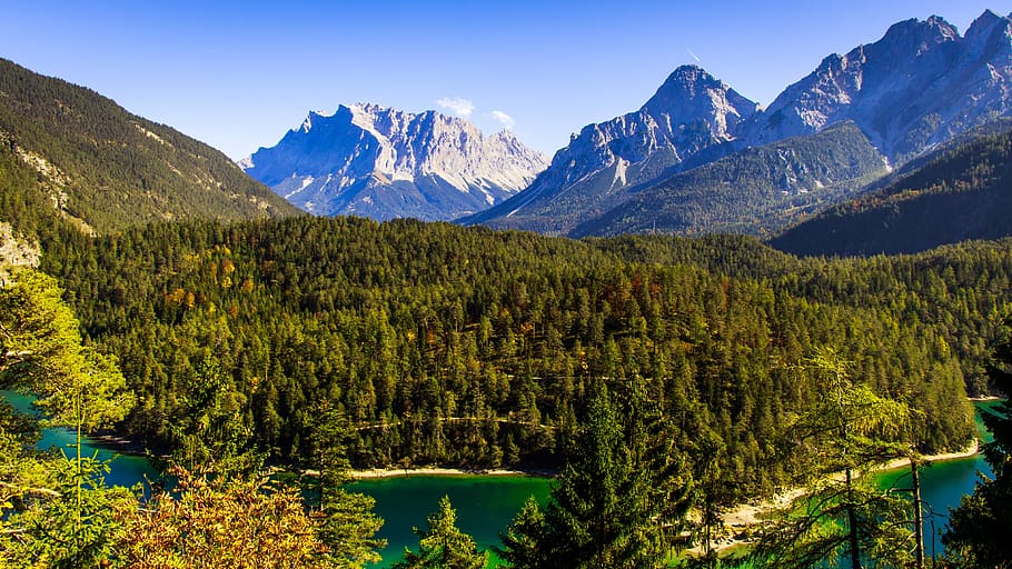 Zugspitze, Áustria, Montanhas, Visão distante, região selvagem, Paisagem, Cimeira, azul, Perspectiva, Colina