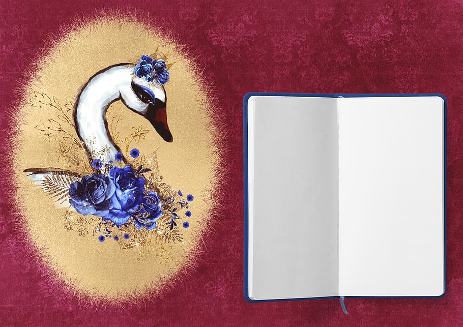 diary, swan, roses, frame, flowers, background, blue, gold, red, note