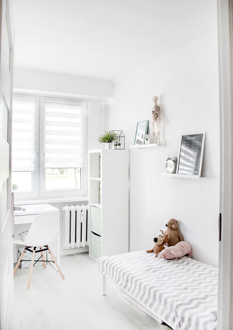 child, bedroom, white, minimal, teddy bear, bed, house, window, blinds, chair
