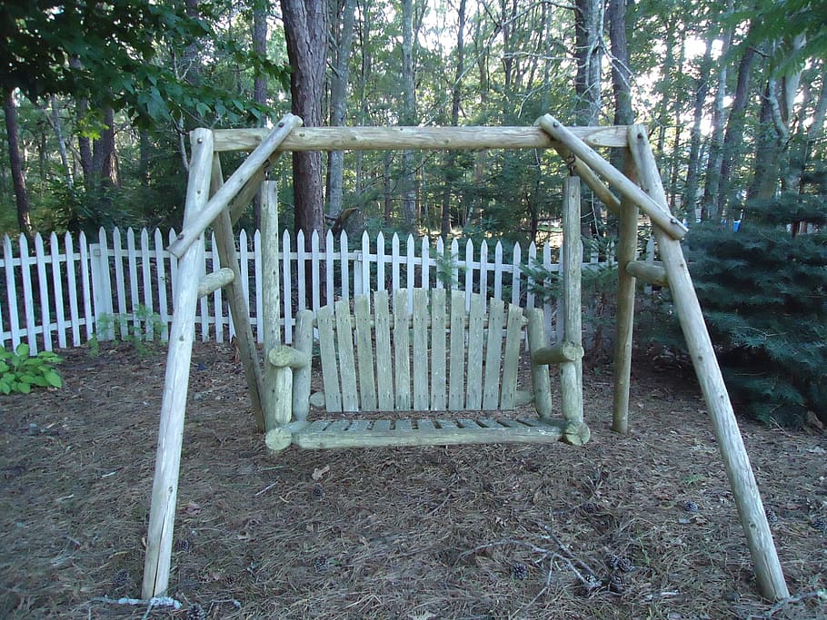 wooden, wood, swing, seat, chair, outdoor, outside, outdoors, yard, plant
