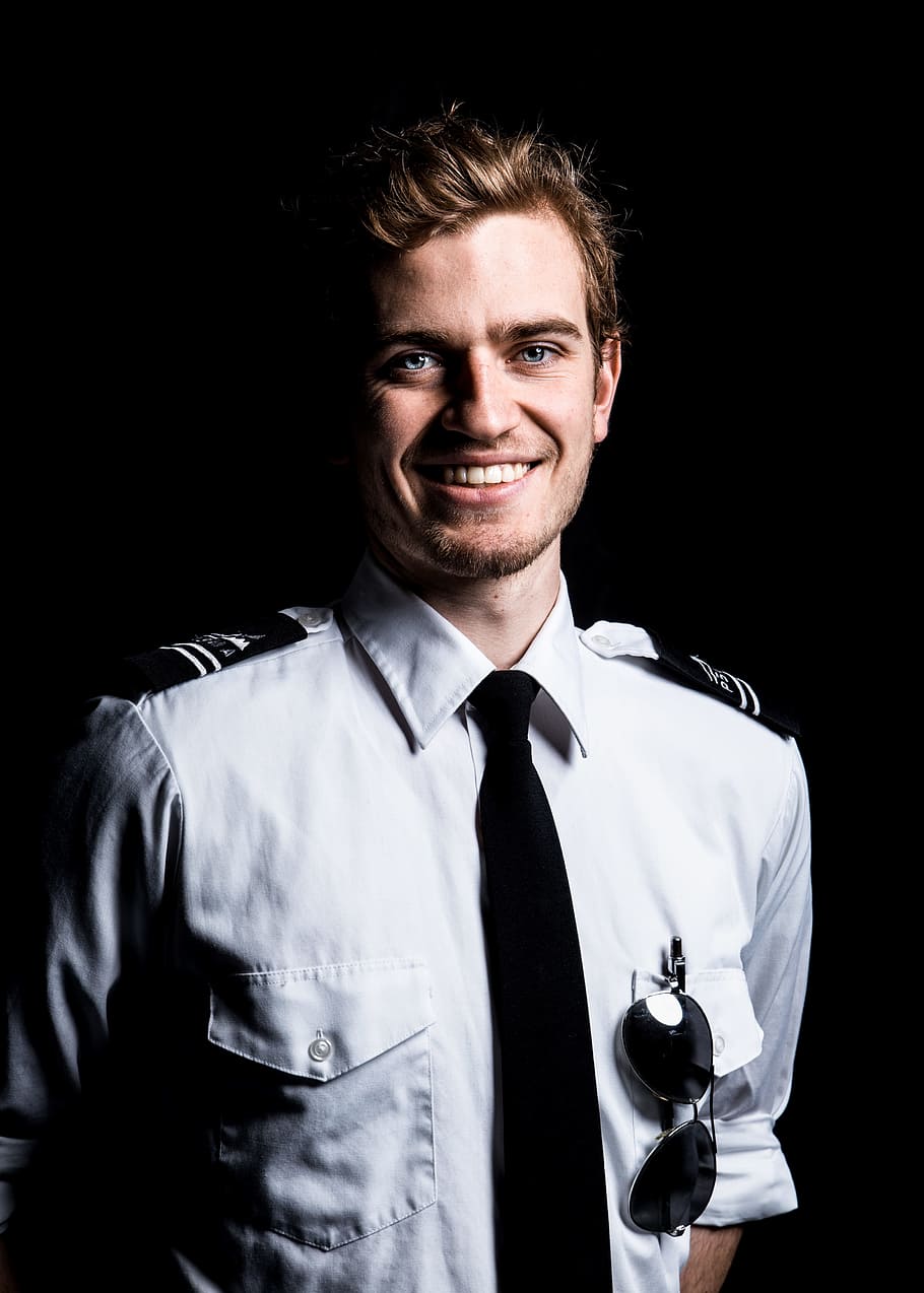 portrait, pilot, captain, uniform, male, young, boy, guy, person, aviation