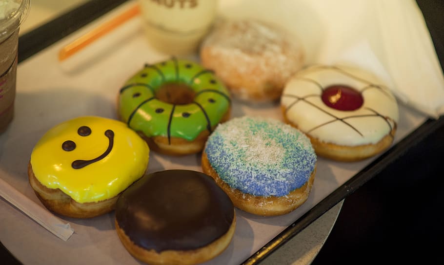 donuts, assorted, bakery, happy, smile, chocolate, cream, dessert, food, pastry