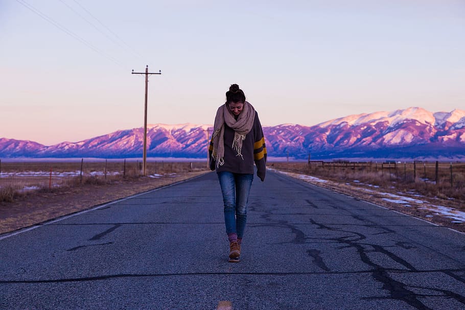 woman, mountain, road, barren, cold, snow, mountains, highway, thoughts, blue sky