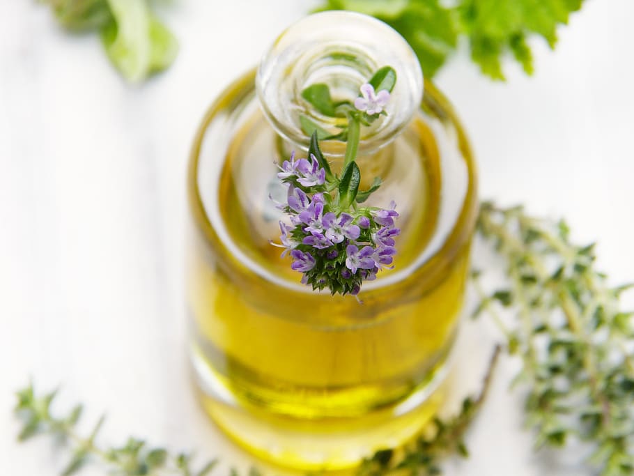 oil, bottle, thyme, blossom, bloom, glass, close up, cosmetics, aroma, fragrance