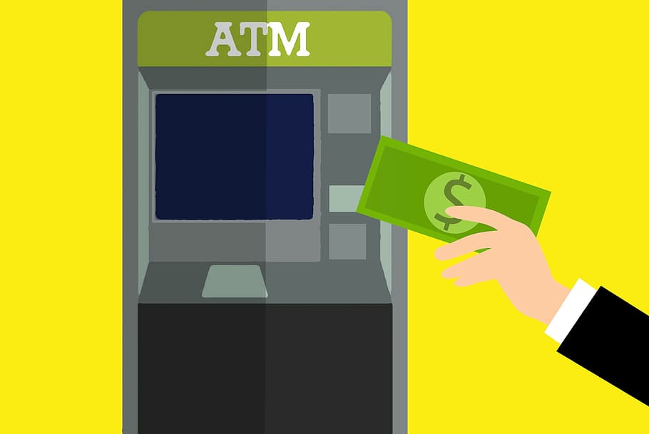 ilustração, máquina ATM, uso., caixa eletrônico, máquina, usando, tela, toque, folha de pagamento, tecnologia