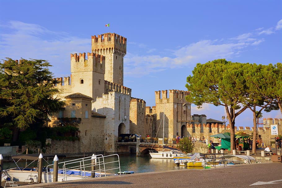 castelo, barcos, torre, céu, árvores, itália, arquitetura, exterior do edifício, estrutura construída, agua
