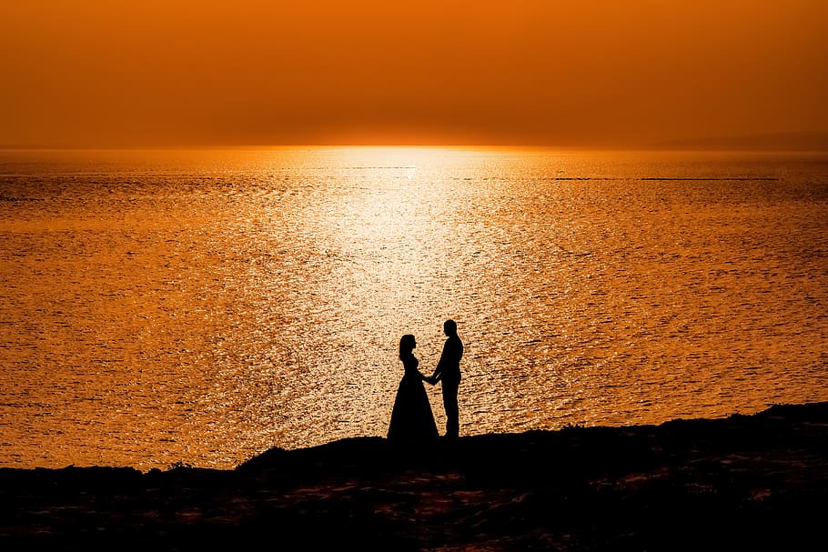 casal, mar, horizonte, amor, romântico, juntos, silhueta, amantes, oceano, casamento
