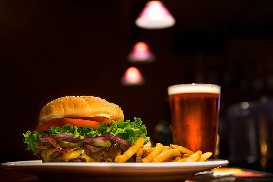 burger and beer, beer, burger, dish, drink, french fries, fries, glass, hamburger, meal
