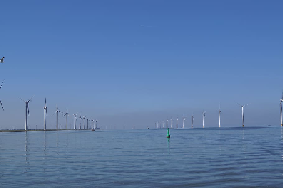 windmills, ijsselmeer, water, summer, go boating, boje, rest, waters, sky, sea