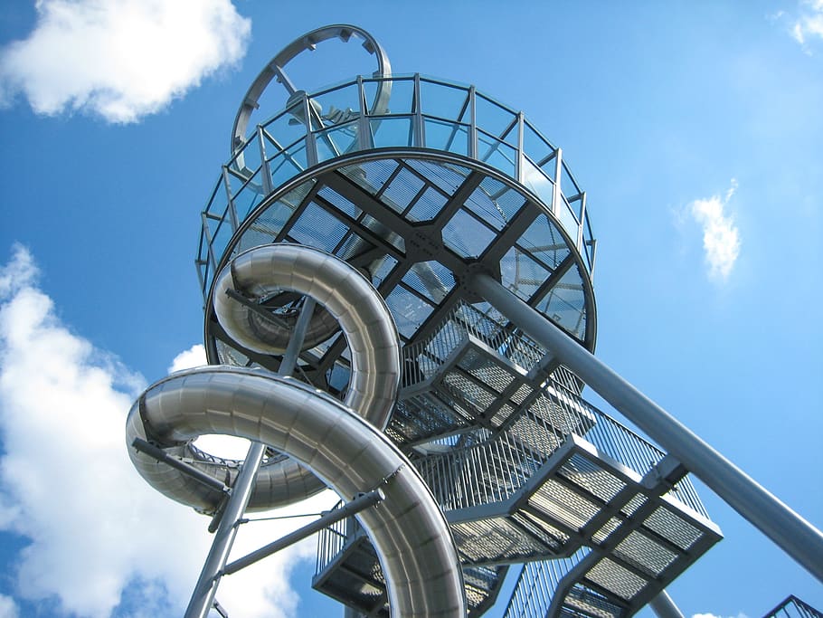 metal, sculpture, slide, steel mesh, weil am rhein, vitra, sky, architecture, low angle view, cloud - sky