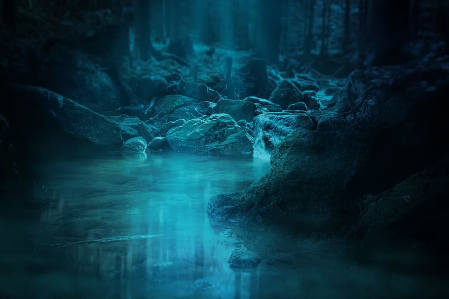 forest, waterfall, bach, moss, landscape, stones, waters, trees, moonlight, mystical