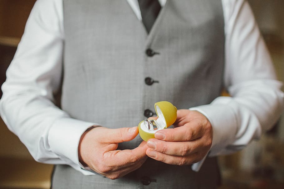 groom, wedding, wedding ring, man, male, nervous, happy, suit, grey, tie