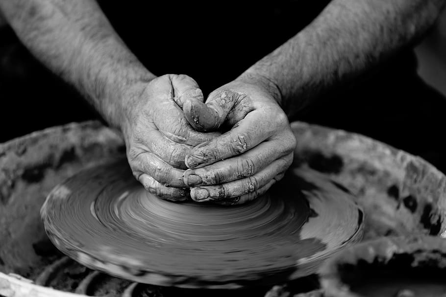 crafts, hobby, pottery, clay, wheel, guy, man, people, hands, create