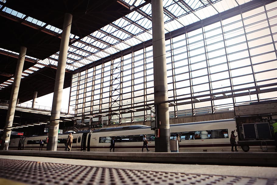 train, station, tracks, transportation, travel, passenger, walking, pedestrian, beams, pillars