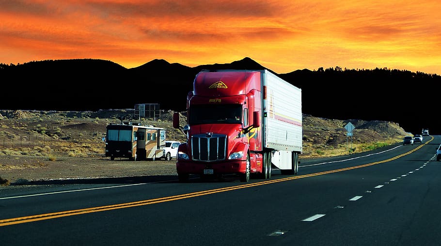 puesta de sol, camión americano, transporte por carretera, vehículo, tráfico, remolque, crepúsculo, color, tarde, transporte