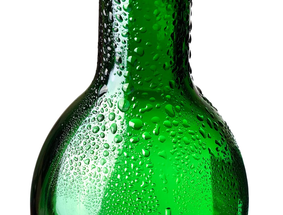 hijau, botol, air, soda, gelas, closeup, terisolasi, basah, dingin, jelas
