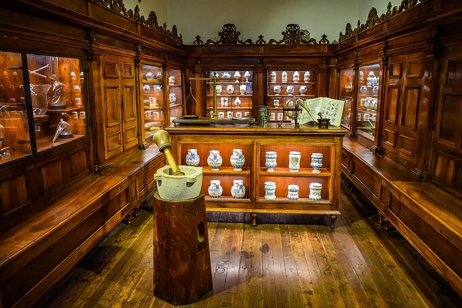 museo de ciencia y tecnología, farmacia, antiguo, vintage, antigüedades, medicina, milán, milano, italia, madera - material