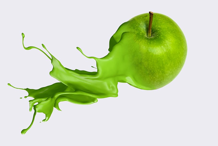 Salpicaduras de manzana verde, manzana verde, arte creativo, alimentación saludable, bienestar, foto de estudio, color verde, comida y bebida, comida, frescura
