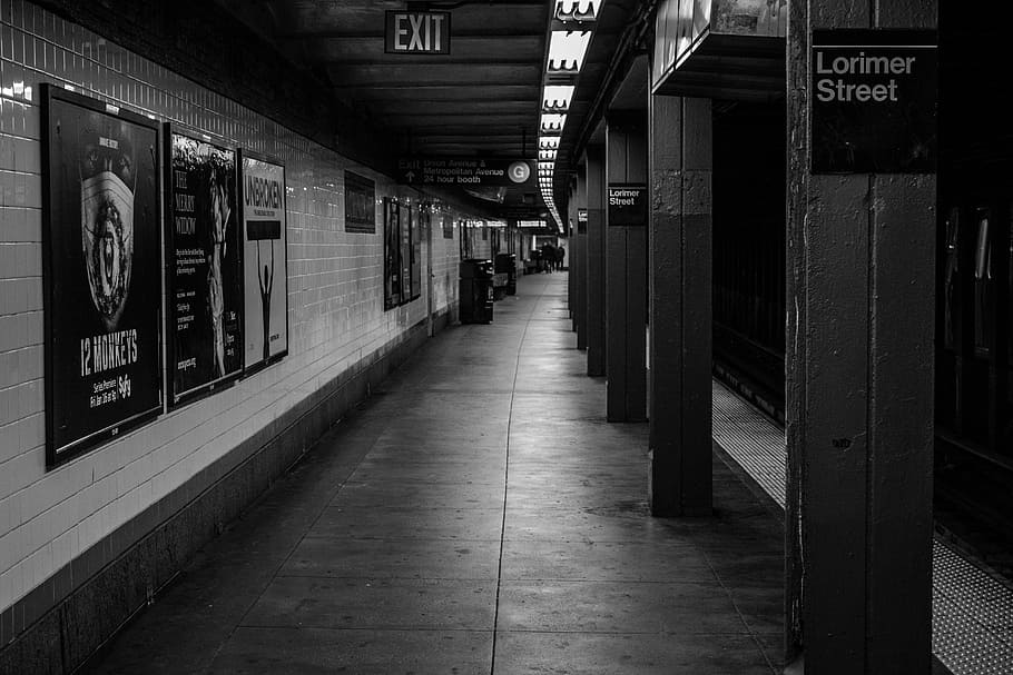 NYC, subway, underground, transportation, platform, New York City, urban, black and white, text, architecture