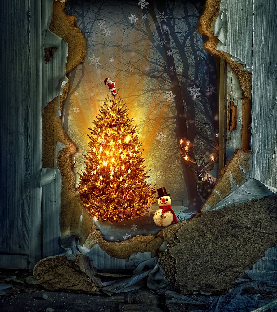 navidad, muñeco de nieve, árbol de navidad, motivo navideño, tiempo de navidad, celebración, iluminado, árbol, fiesta, planta