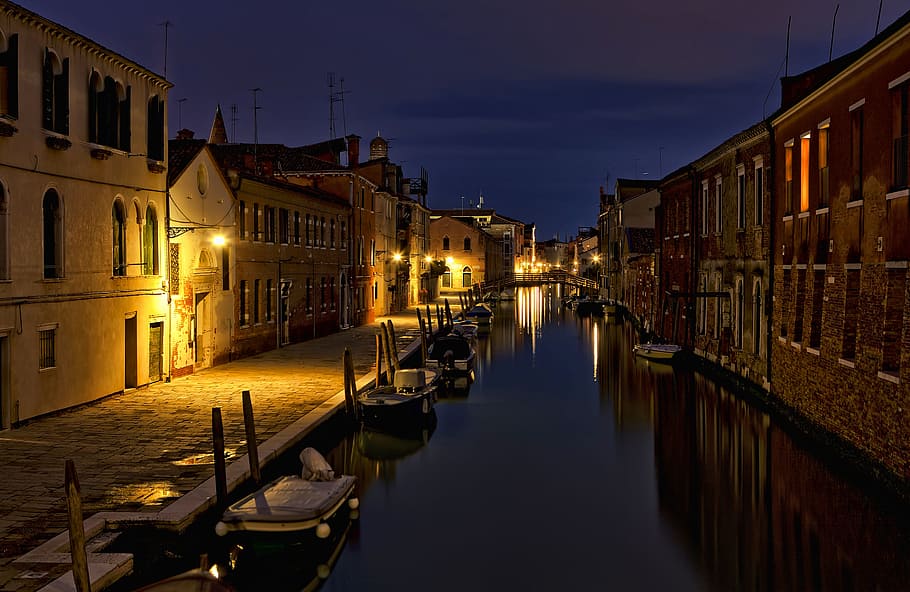 architecture, building, infrastructure, canal, water, city, night, lights, sky, boat