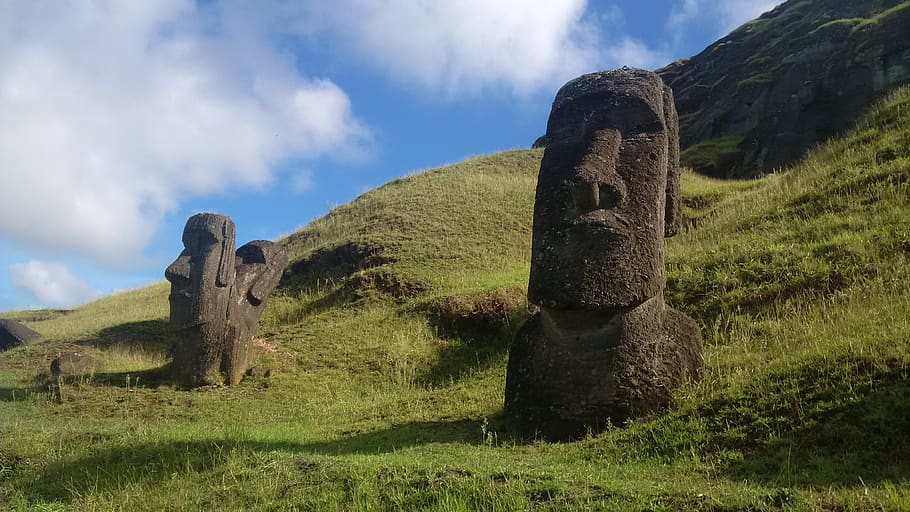 moai, quarry, easter island, history, culture, outdoors, sky, rapa nui, plant, cloud - sky