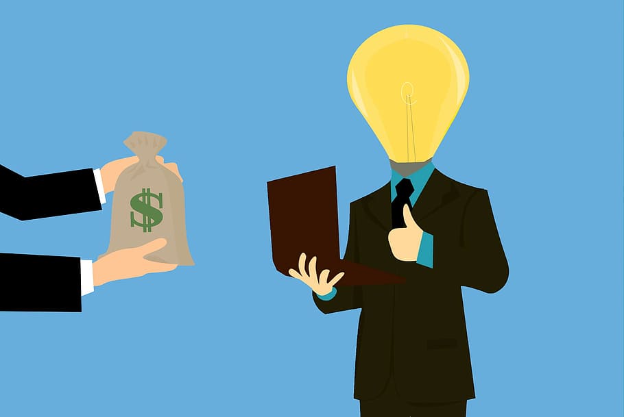 illustration, freelancer, getting, money, employer., lancer, fund, salary, bulb, idea