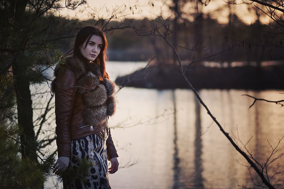 nature, people, woman, fashion, fur, cold, weather, trees, water, river