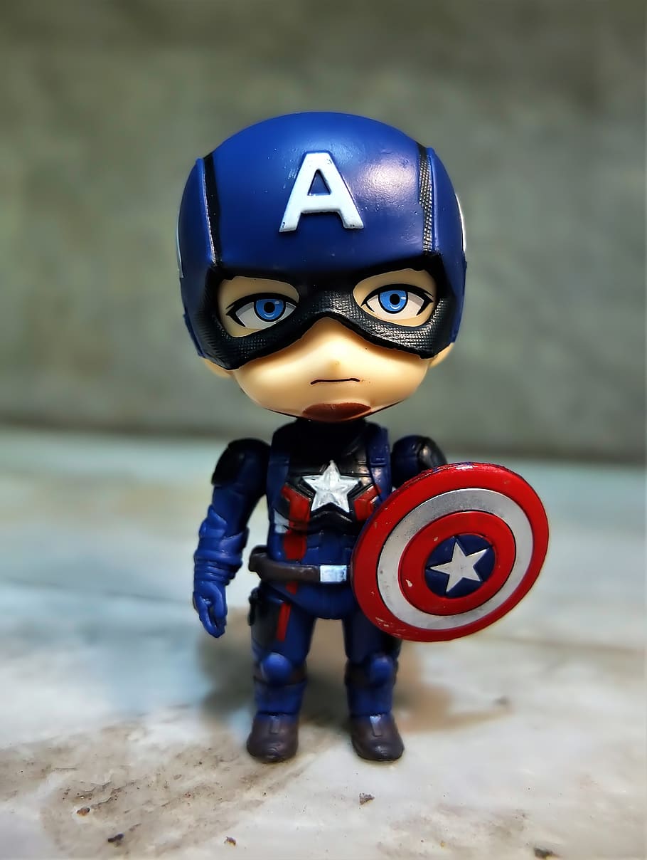 capitão, américa, brinquedo, estatueta, estilo, pintado, pequeno, fofo, colorido, herói