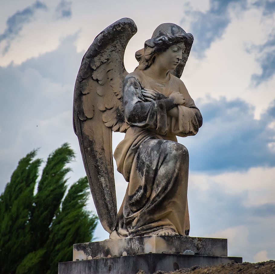 angel, religious, mourning, cemetery, statue, marble, sculpture, figure, memorial, clouds