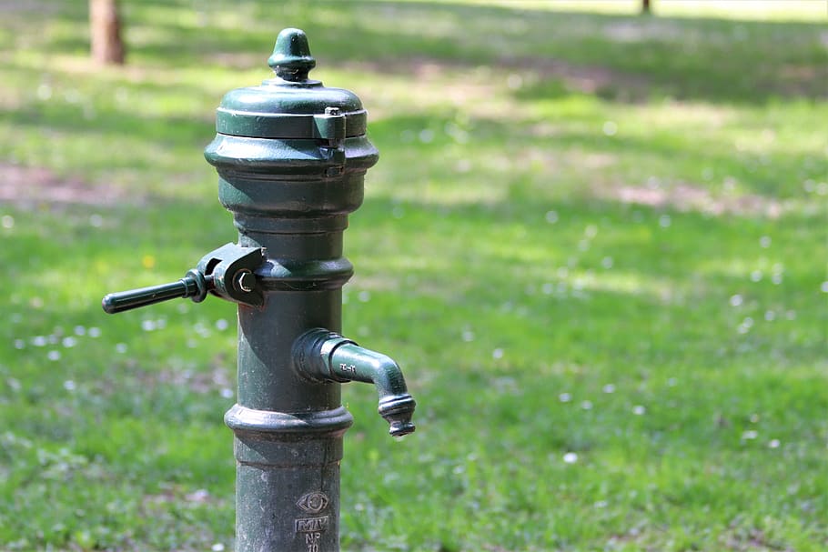 water pump, hydrant, drinkable water, park, nature, outdoor, grass, day, metal, focus on foreground
