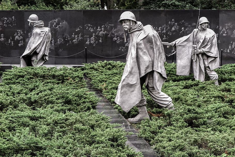 estátuas, soldados, memorial de guerra coreano, nacional, shopping, washington dc, dc., américa, exército, bronze
