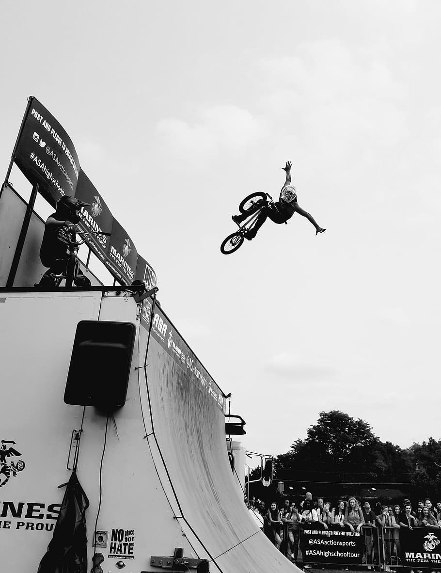 bmx, stunt, ramp, speed, sport, adventure, jump, black and white, air, bike