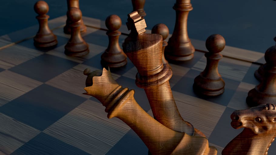 renderização, de madeira, xadrez, conjunto, ação., jogo, rei, madeira, concorrência, cavalo