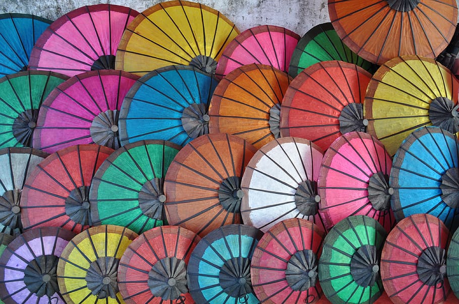 laos, luang prabang, southeast asia, south-east asia, night market, umbrellas, evening market, multi colored, full frame, choice