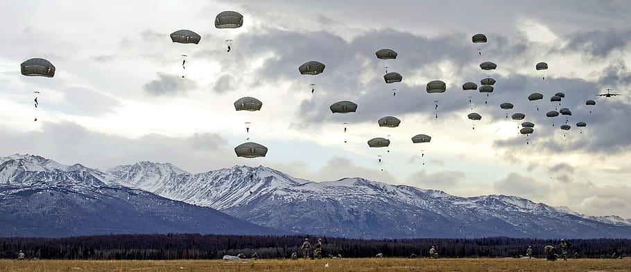 parachute, training, parachuting, jumping, military, airborne, plane, parachutists, american, sky