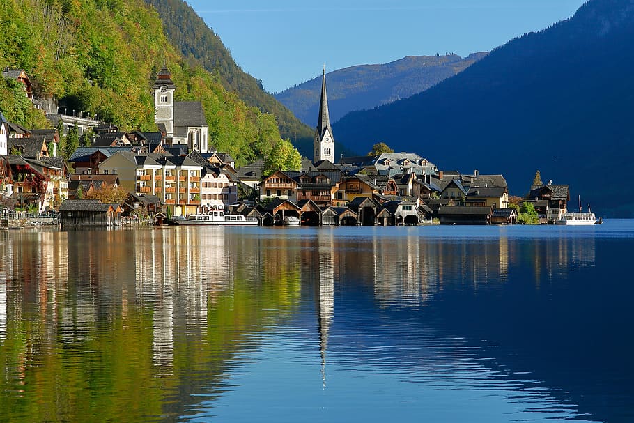 hallstatt, church, lake, austria, mountain, architecture, built structure, building, building exterior, water
