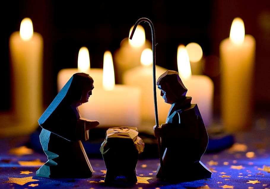 christmas, holy family, nativity scene, bethlehem, candles, illuminated, burning, fire, flame, candle