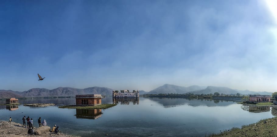 panorama, lake palace, jaipur, travel, lake, architecture, old, sky, palace, india