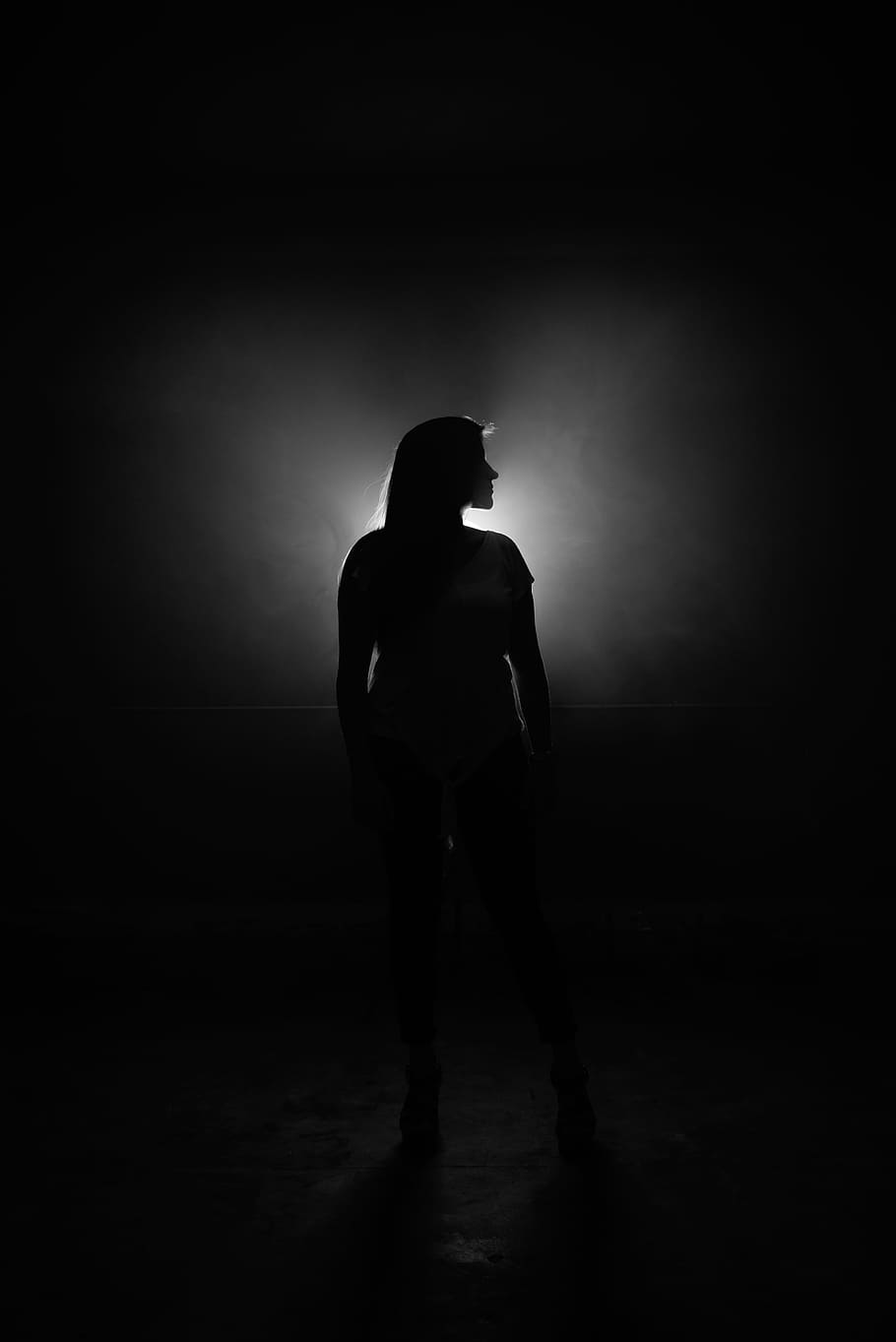 dark, creepy, people, woman, girl alone, silhouette, black and white, light, spooky, one person