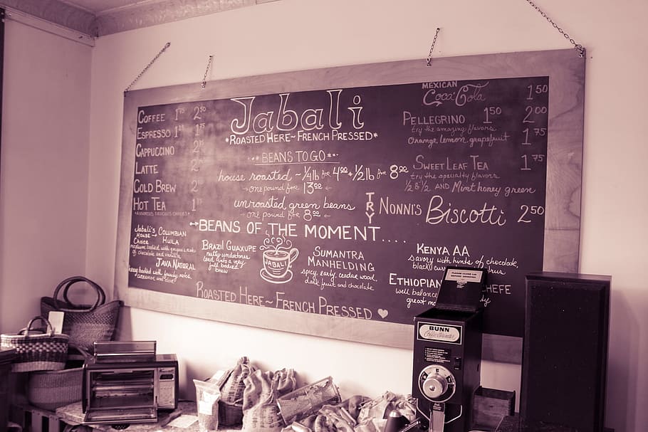 menu, papan tulis, kapur, kopi, biskuit, bar, restoran, rstic, vintage, kafe