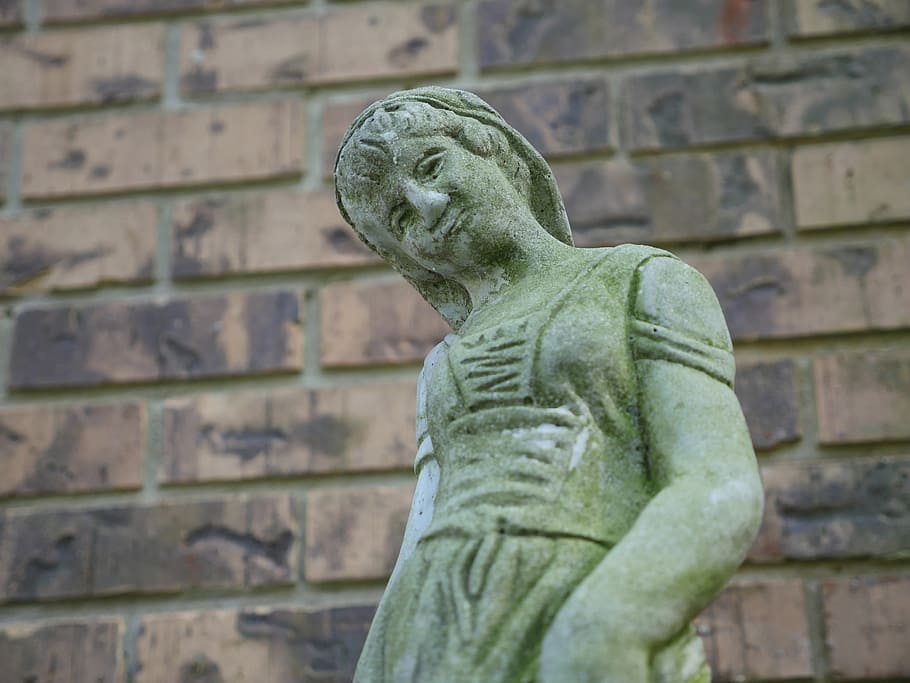 stone statue, woman, front, wall, bricks, stone, art, face, decoration, statue