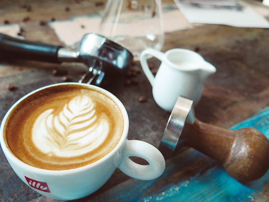 coffee, latte, art, espresso, steamed milk, coffee shop, cup, measuring cup, bean, table