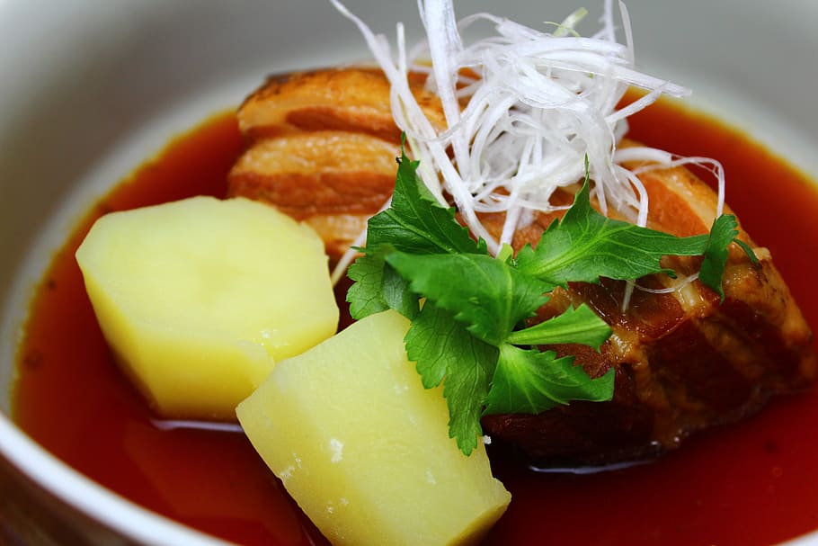 sup daging babi, masakan, makanan Jepang, makanan, makanan dan minuman, siap makan, kesegaran, makan sehat, merapatkan, dalam ruangan